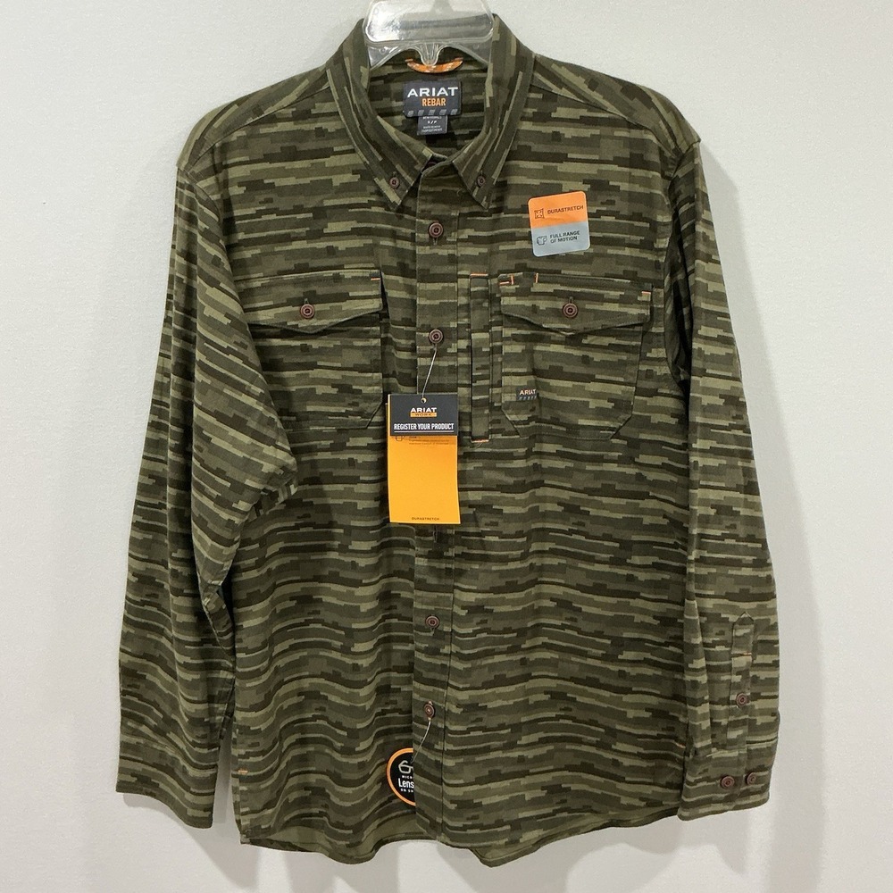 Ariat Men's Rebar Durastretch Flannel Green Camo Plaid Shirt Size Small Gorpcore